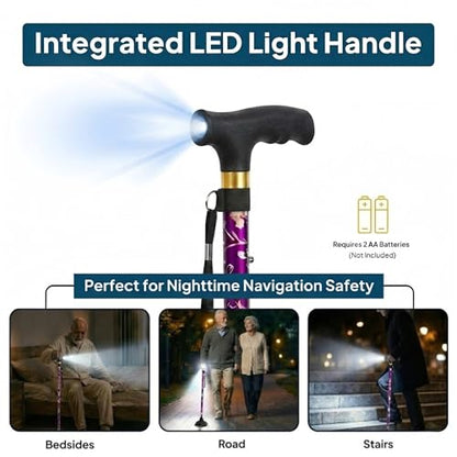 Walking Cane with LED Light, Foldable,Adjustable, Self Standing Walking Canes for Men & Women,Walking Sticks with Quad Base for Seniors & Adults - color: Purple flowers