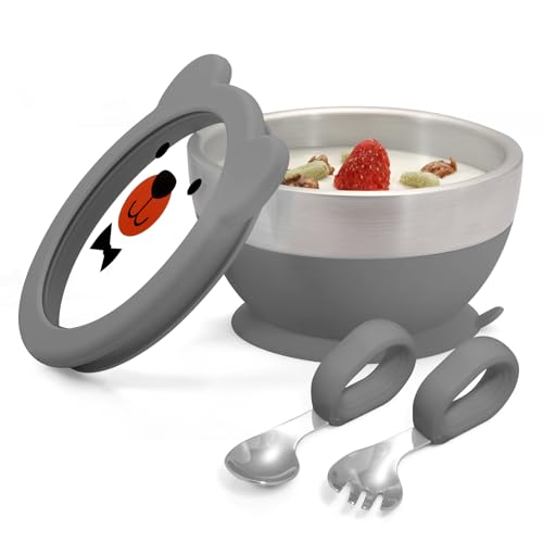 MR. CHOU Baby Bowl Set with Spoon & Fork, Insulated Double-Layer 18/8 Stainless Steel Toddler Bowls with Silicone Suction Cup & BPA Free Airtight Lids, Food Grade Infant Self-Feeding Bowl, Gray - color: Gray-S