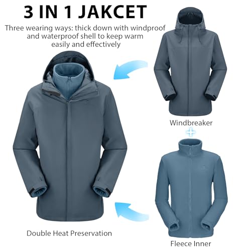 CAMEL CROWN Men's Ski Jacket 3 in 1 Waterproof Winter Jacket Snow Jacket Windproof Hooded with Inner Warm Fleece Coat - color: Grey B612, size: Small