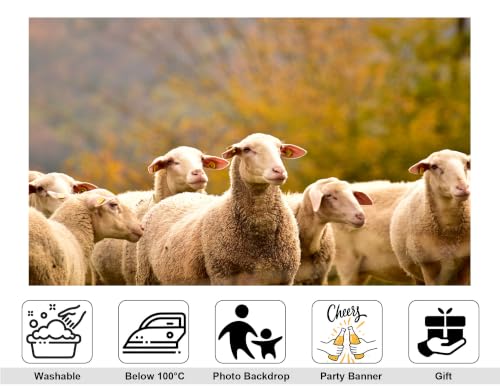 8x6ft Fabric Closeup Fluffy White Sheep Backdrop Group Wool Lamb Soft Blurred Autumn Bush Rural Farm Scene Photography Background Tapestry Party Country Farm Decorations Photo Booth Props - size: 8x6ft