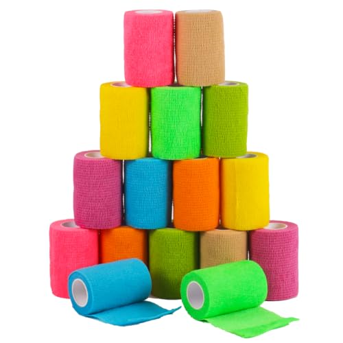 3 Inch 16 Pack Self Adhesive Cohesive Bandage Wrap | Elastic Self Stick Vet Wrap for Dogs Pets, Athletic Sports Wrap, Tattoo Grip Tape, Multipurpose Flexible Bandage for Wound Care & Grip Support - size: 3 Inch