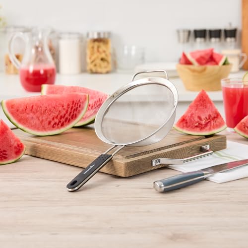 Restaurantware Fine Mesh Strainer 1 Count 14.4" x 7" x 2.9" with Silicone Handle Stainless Steel Extra Fine Mesh Strainer Heat-Resistant Handle Dishwasher-Safe for Rice, Quinoa, Pasta - size: Standard, Extra Fine Mesh-7"