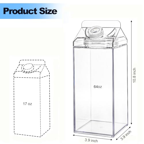 Bekith 2 Pack 64 Oz Large Milk Carton Water Bottle, Clear Plastic Milk Bottle with Cleaning Brush, Portable Leakproof Square Juice Bottle Reusable Milk Container for Outdoor Sports Travel Camping