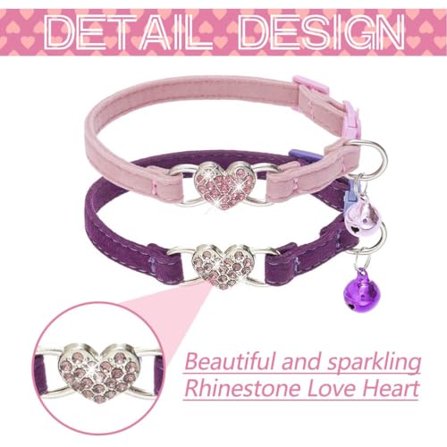 BINGPET Cat Collar Breakaway with Bell, Bling Kitten Collar,Pink&Purple - color: Heart (Pink + Purple)-2pcs