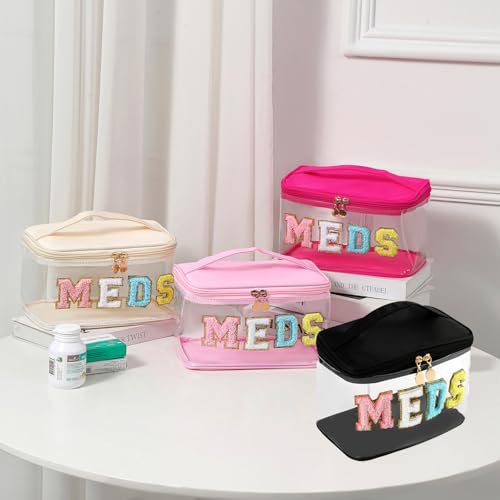 uekeboag Chenille Letter MEDS Clear Medicine Makeup Bag(04Black) | Personalized Transparent Large Waterproof Nylon Cosmetic Storage bag with Top Handle, Meds First Aid Travel Organizer Bag - color: 04Black-Meds