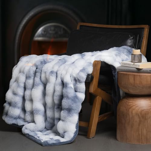 EverGrace Faux Rabbit Fur Bubble Throw Blanket, 50"x60", Cloud Blue - color: Marble Cloud Blue, size: 50"x60"
