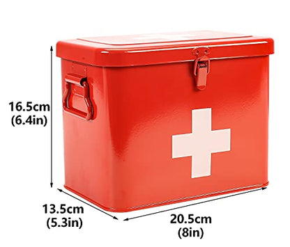 First Aid Kit, First Aid Medicine Supplies Bin - 2-Tier Metal Medicine Storage Tin, Samll First Aid Box with Removable Tray for Home & Workplace Emergency Tool Set - Red