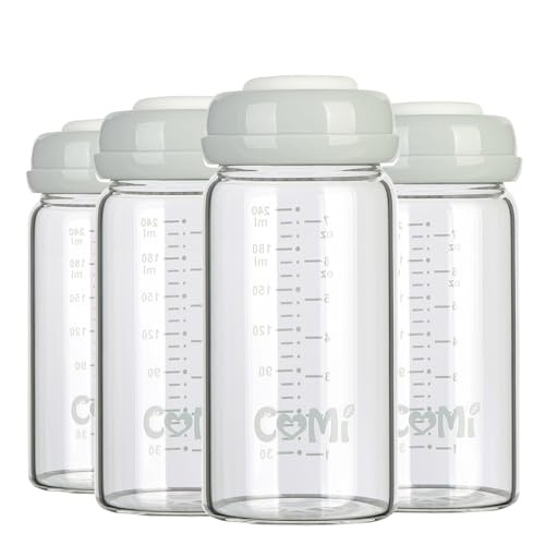 COMI Wide Neck Glass Breastmilk Collection n Storage Bottle, 8oz with Screw Ring Sealing Disk; Re-markable Sealing Disc. BPA Free, Fits Breast Pumps & Nipples (4 Gray Lids) - style: 240ml 4GRAY