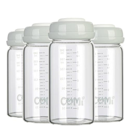 COMI Wide Neck Glass Breastmilk Collection n Storage Bottle, 8oz with Screw Ring Sealing Disk; Re-markable Sealing Disc. BPA Free, Fits Breast Pumps & Nipples (4 Gray Lids) - style: 240ml 4GRAY
