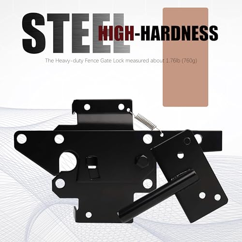 Gate Latch, Heavy-Duty Self-Locking Fence Lock, Black Powder Coated Steel, Padlockable