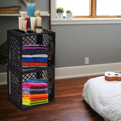 Juggernaut Storage 2-Pack Stackable Heavy Duty Milk Crates, Handles, 16 Qt | Organizing Plastic Crate Basket for Grocery Shopping, Home Supplies, and Bathroom Accessories, Black - size: 16 Quart 2-pack