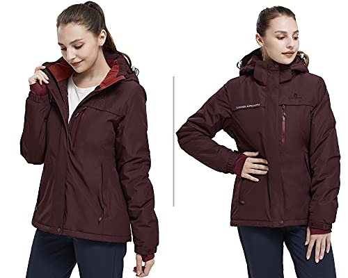 CAMEL CROWN Women’s Mountain Snow Waterproof Ski Jacket Detachable Hood Windproof Fleece Parka Rain Jackt Winter Coat - color: Wine Red, size: Medium
