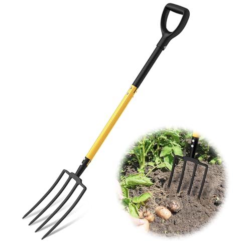 Pitch Fork, 4 Tine Heavy Duty Garden Fork Ergonomic Handle for Gardening