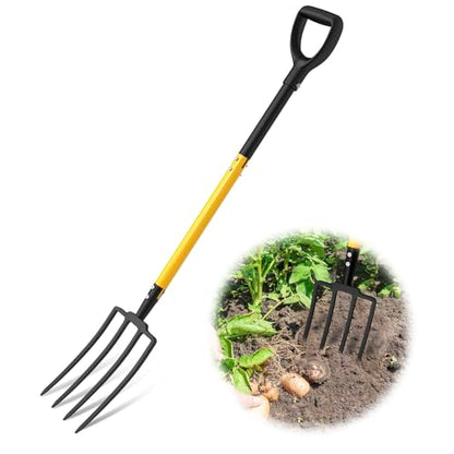 Pitch Fork, 4 Tine Heavy Duty Garden Fork Ergonomic Handle for Gardening