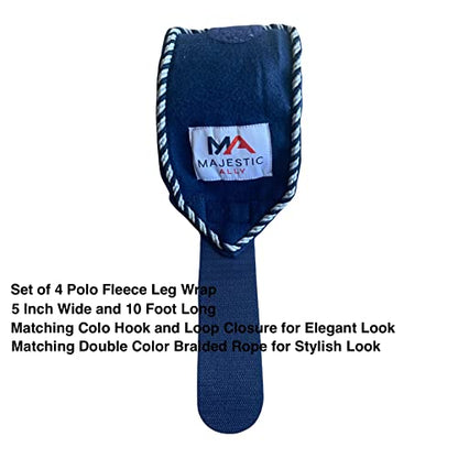 Majestic Ally Fleece Polo Leg Wraps with Braided Rope for Horses - Set of 4-10 Foot Long and 5 Inch Wide (Navy) - color: Navy