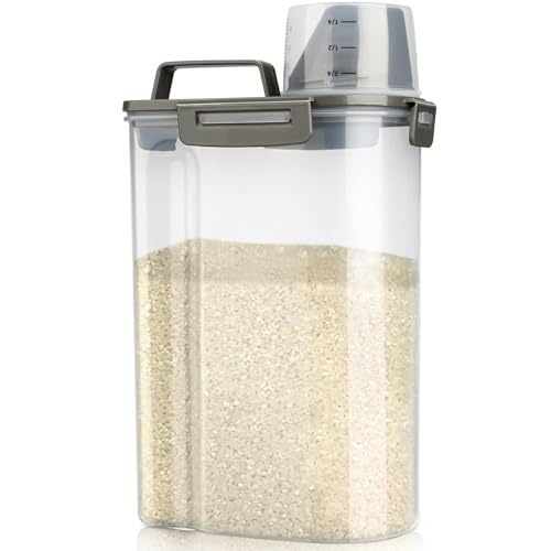 Viretec Rice Airtight Storage Container, 3 to 5Lbs Cereal Dry Food Flour Bin, Pet Dog Cat Food Dispenser with Measuring Cup, BPA Free Clear Plastic Kitchen and Pantry Organization Bin for Sugar - color: 3L/Grey