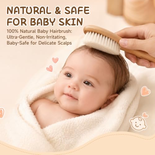 GREENTH PRO Baby Hair Bush and Comb Set -Nature Lotus Wood with Soft Goat Bristle and Pear Wood Comb for Newborns & Toddlers, Ideal for Cradle Cap