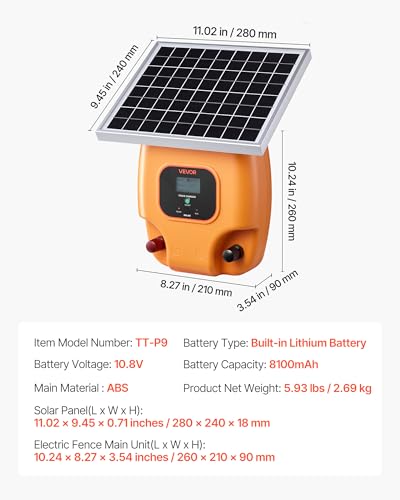 VEVOR Solar Fence Charger, 0.6J 8 kV Solar Powered Fence Charger, Electric Fence Energizer Kit, Keep Out Predators, 4-5 Days Runtime, for Livestock, Poultry, Garden Protection - size: 0.6J
