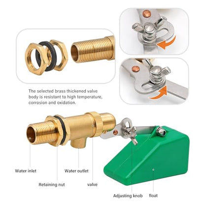 2pcs Brass Float Valve for Water Tank 1/2 Inch Automatic Fill Float Ball Valve for Livestock Trough Float Switch Adjustable Autofill Pool Fountain Filler Float Valve