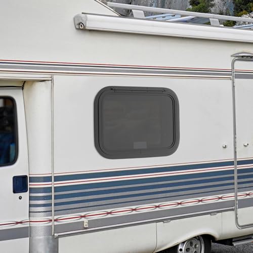 RV Exit Window W/ Trim Ring & Screen, Push Out Glass Camper Window – Tempered Glass/Aluminum Alloy, 22*15in Hole, 38mm Wall Thickness, Black for RV/Camper/Trailer Owners