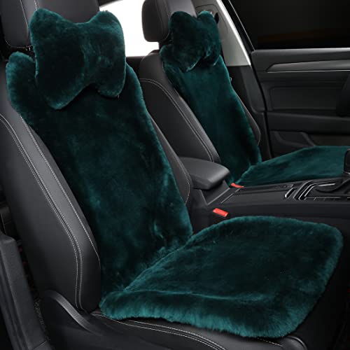 OGLAND Green Fuzzy Sheepskin Car Seat Cover | Soft Natural Fur Wool Cushion - color: Alpine Green