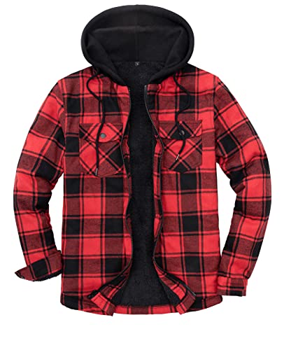 ZENTHACE Men's Sherpa Lined Full Zip Hooded Plaid Shirt Jacket - color: Red Black, size: Medium