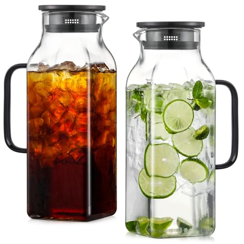 2 Pack 2 Liters/68 oz Square Glass Pitcher with Lid and Handle for Fridge, Iced Tea and Coffee Carafe Beverage Serveware, Heat Resistant Borosilicate Water Black Jug for Hot/Cold Drinks and Milk - size: 68 oz Black