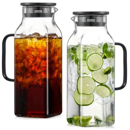 2 Pack 2 Liters/68 oz Square Glass Pitcher with Lid and Handle for Fridge, Iced Tea and Coffee Carafe Beverage Serveware, Heat Resistant Borosilicate Water Black Jug for Hot/Cold Drinks and Milk - size: 68 oz Black