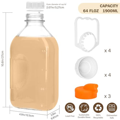 KMIGRUAN 64oz Glass Milk Bottle with Lid, 4 Pack 2QT Glass Milk Container | Half Gallon Glass Water Jugs with Handle and Airtight Reusable Lids, Refrigerator Storage Bottles for Juice or Plant Milks - style: 4Pack