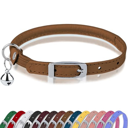 OOPSDOGGY Rolled Leather Cat Collar with Bell, Reflective Kitten Collars with Buckle Include Safety Elastic Strap - Adjustable Small Pet Collars for Boy Girl Cats (Beige) - color: Beige
