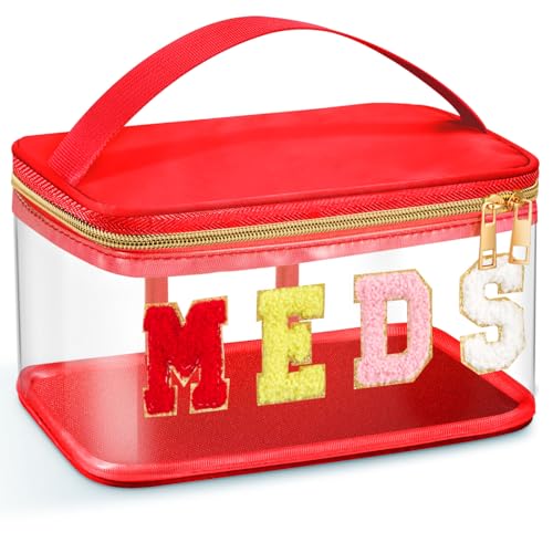Geetery Chenille Letter Bag, Meds Cheer Travel Cases Cheerleader Gifts Cosmetic Bag Nylon Makeup Portable Preppy Patch with Zipper Toiletry Storage Case for Women(Red,Meds) - color: Red, style: Meds
