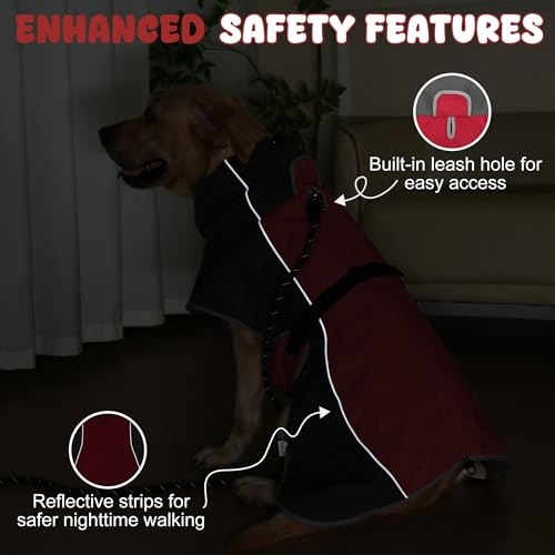 Dog Raincoat, Waterproof Dog Coat with Polar Fleece Lining - color: Red, size: Large