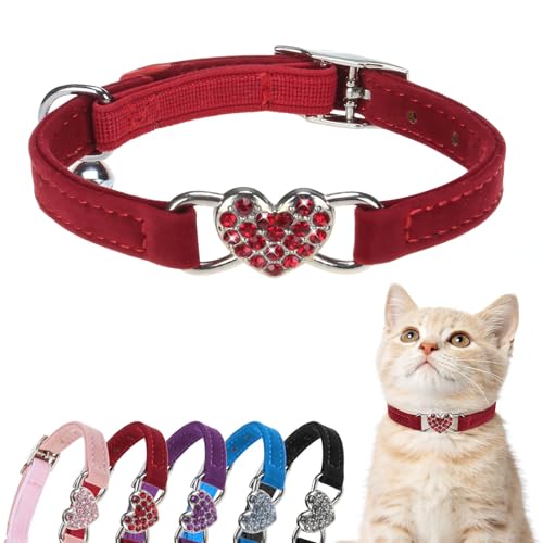 BINGPET Diamond Cat Collar with Bell, Adjustable Kitten Collar, Red - color: Red(Heart), size: Neck Girth 8"-10"