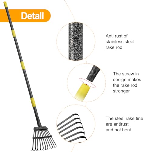 73" Leaf Rake- 11 Metal Tines 8.5" Wide- Small Leaves Rakes for Gardening- Adjustable Metal Leaf Rake for Picking Leaves Yard Women Kids Gardening RV Camping