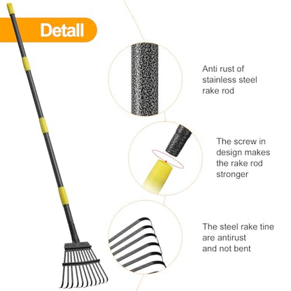 73" Leaf Rake- 11 Metal Tines 8.5" Wide- Small Leaves Rakes for Gardening- Adjustable Metal Leaf Rake for Picking Leaves Yard Women Kids Gardening RV Camping