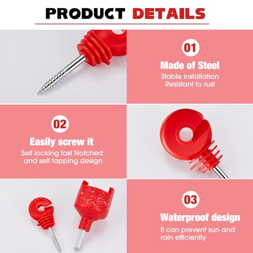 Sweetude 200 Pcs Electric Fence Insulator with 1 Pcs Insulator Socket Tool Screw in Ring Post Wood Post Electric Fence Ring with Socket Tool for Animal(Red) - color: Red