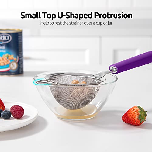18/8 Stainless Steel Mesh Strainer: U-Taste 3.9 Inch Kitchen Fine Mesh Sieve Food Colander with Riveted Sturdy Silicone Handle and 30 Mesh Hole for Straining Flour, Quinoa, Tea, Juice (Purple) - color: (5) Purple, size: Small (3.9 x 11.1 in)