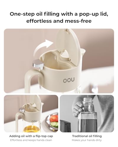 OOU B2 Oil Dispenser Bottle, 20oz/600ml Borosilicate Glass Olive Oil Bottle with One-Step Pop-Up Lid, One-Hand Pour Control, Leak-Resistant Silicone Seal, Stainless Steel Spout & 304 Filter, Off-White