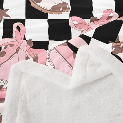 Erosebridal Cowgirl Western Fleece Blanket,40"X50" Kids Pink Bow Sherpa Blanket,Black and White Buffalo Plaid Fuzzy Plush Throw for Kids Girls Adults Women Cowgirl Boots Throw Blankets - color: Black Pink White, size: 40"x50"