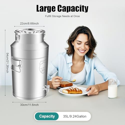 35L/9.24Gallon Stainless Steel Milk Can with Spigot, Heavy Duty Milk Jug Wine Pail Bucket Bottle Liquid Container Storage for Grain Wine Liquid,Stainless Steel Sealed Tank