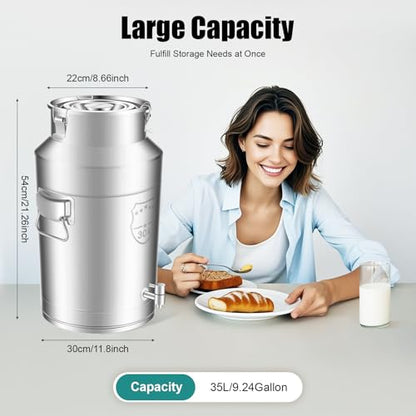 35L/9.24Gallon Stainless Steel Milk Can with Spigot, Heavy Duty Milk Jug Wine Pail Bucket Bottle Liquid Container Storage for Grain Wine Liquid,Stainless Steel Sealed Tank