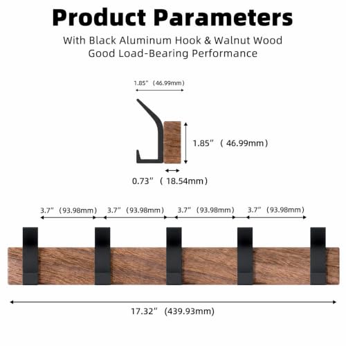 17 Inch Black Walnut Wood Wall Mounted Coat Rack with 4 Black L Hooks, Adhesive Mounted Entryway Hooks, Modern Natural Wooden Pegs for Hanging Coat Clothes Hat Bag Purse Key and Towel - color: Coat Rack with 5 L Hooks
