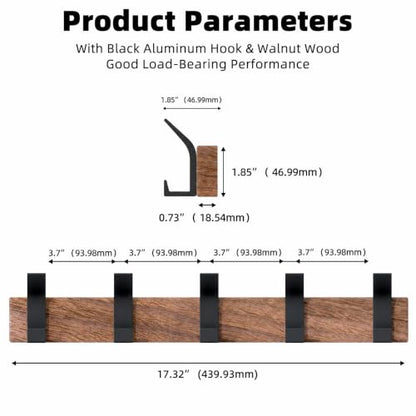 17 Inch Black Walnut Wood Wall Mounted Coat Rack with 4 Black L Hooks, Adhesive Mounted Entryway Hooks, Modern Natural Wooden Pegs for Hanging Coat Clothes Hat Bag Purse Key and Towel - color: Coat Rack with 5 L Hooks