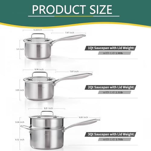 DELARLO Tri-Ply Stainless Steel Saucepan 1QT 2QT 3.5QT Kitchen Pot Set - color: Silver, size: 1QT+2QT+3.5QT With Steamer
