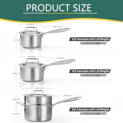 DELARLO Tri-Ply Stainless Steel Saucepan 1QT 2QT 3.5QT Kitchen Pot Set - color: Silver, size: 1QT+2QT+3.5QT With Steamer