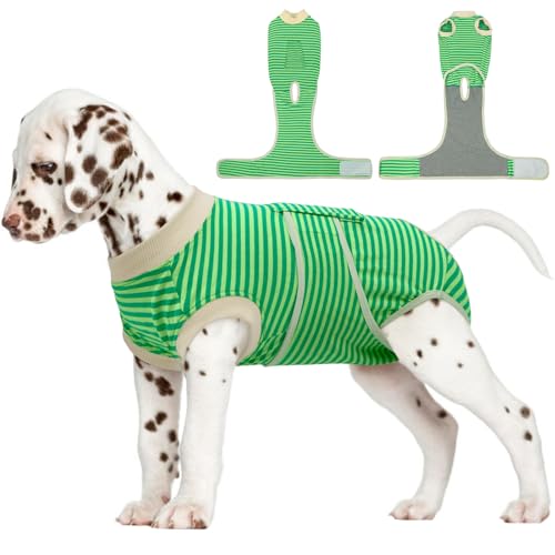 FUAMEY Dog Recovery Suit Male,Dogs Surgery Neuter Suits Puppy Spay Shirts for Female Protect Dog's Skin Anti Licking Abdominal Wounds Doggie Onesie Pet Bodysuit Alternative to Cone Green Stripes XS - color: Green Stripes, size: Xs(back:8.3-11.4in,wt:4-7lb