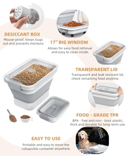 10-13Lbs Airtight Dog Food Storage Container,Collapsible Dog Food Container | Clear Pet Food Storage Container with Double Airtight Seal for Freshness,Cat Food Container One-handed Open,Save Space,Scoop - color: Clear/13 lbs