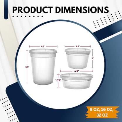 Green Direct Deli Containers with Lids, Disposable Plastic Lunch Combo 60 Sets, 20 8 oz. & 20 16 oz. & 20 32 oz. Clear Food Storage Containers Leakproof, Plastic Round Freezer Soup Containers for Food