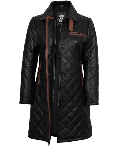 fjackets Lambskin Stylish Leather Car Coats for Womens - Real Long Leather Jacket Women Casual Leather Coat Women Outerwear - color: Glen Quilted Black Women's Leather Coat, size: Medium