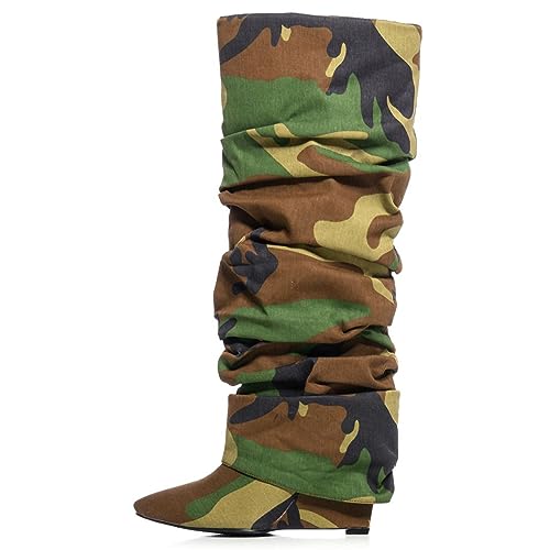 Yishaweiqi Slouched Ruched Fold Over Boots for Women Covered Wedge Heel Patent Leather Knee High Boots Wide Calf Pointed Toe Casual Boots - color: Camouflage, size: 8